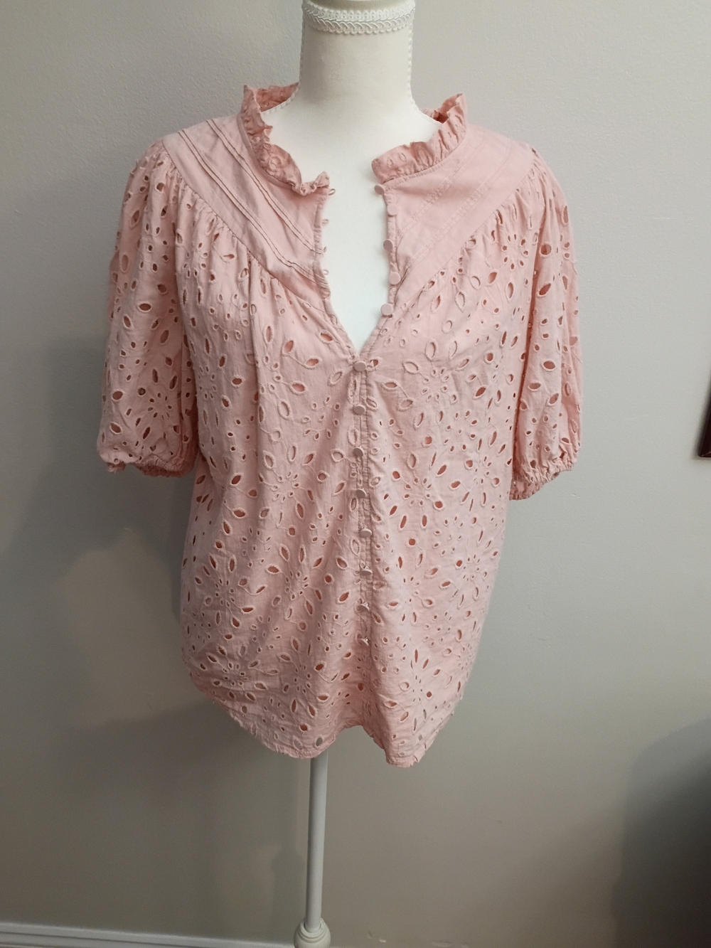 Eyelet Ruffle Split-Neck Blouse - Light Pink